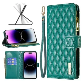 For Apple iPhone 14 Pro Max Diamond Quilted Leather Zipper Wallet Flip Protective Case Cover – Green