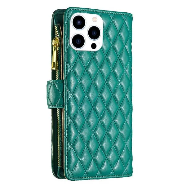 For Apple iPhone 14 Pro Max Diamond Quilted Leather Zipper Wallet Flip Protective Case Cover – Green