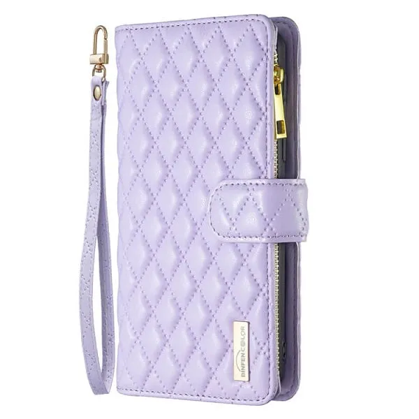 For Apple iPhone 14 Pro Max Diamond Quilted Leather Zipper Wallet Flip Protective Case Cover – Purple