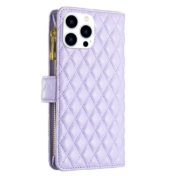 For Apple iPhone 14 Pro Max Diamond Quilted Leather Zipper Wallet Flip Protective Case Cover – Purple