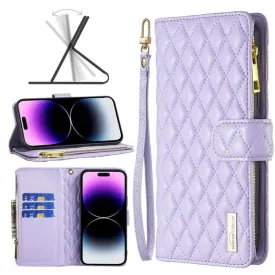 For Apple iPhone 14 Pro Max Diamond Quilted Leather Zipper Wallet Flip Protective Case Cover – Purple
