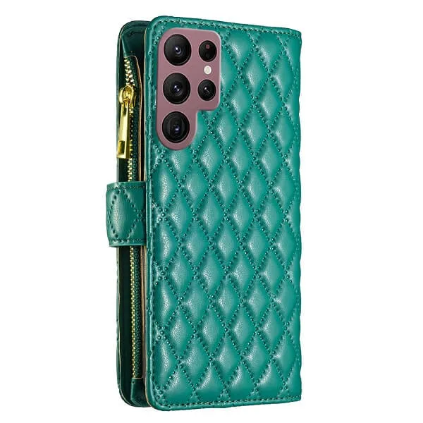 For Samsung Galaxy S22 Ultra Diamond Quilted Leather Zipper Wallet Flip Protective Case Cover – Green