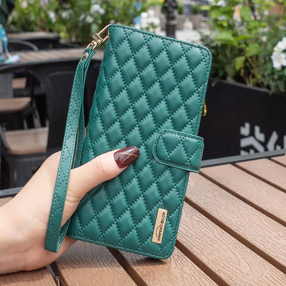For Samsung Galaxy S22 Ultra Diamond Quilted Leather Zipper Wallet Flip Protective Case Cover – Green