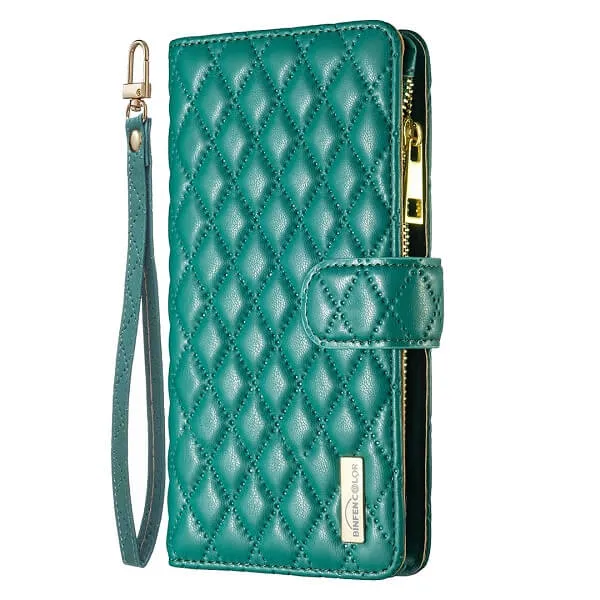 For Samsung Galaxy S22 Ultra Diamond Quilted Leather Zipper Wallet Flip Protective Case Cover – Green