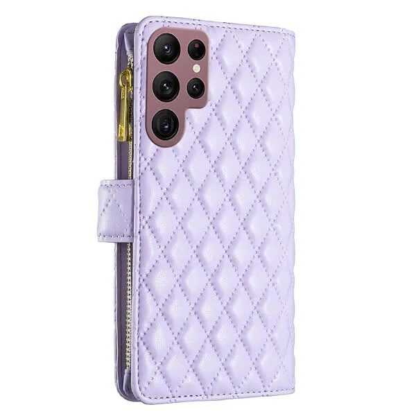 For Samsung Galaxy S22 Ultra Diamond Quilted Leather Zipper Wallet Flip Protective Case Cover – Purple
