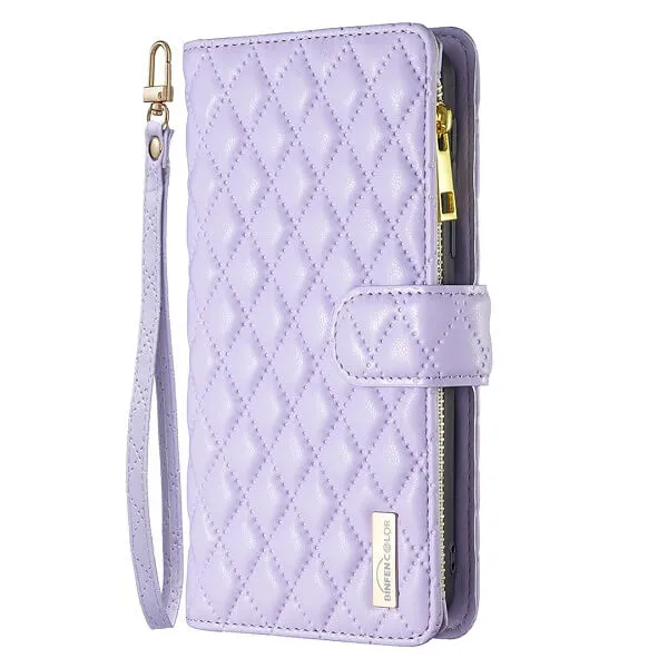 For Samsung Galaxy S22 Ultra Diamond Quilted Leather Zipper Wallet Flip Protective Case Cover – Purple