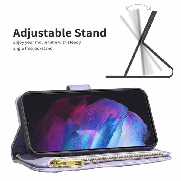 For Samsung Galaxy S23 Diamond Quilted Leather Zipper Wallet Flip Protective Case Cover – Purple