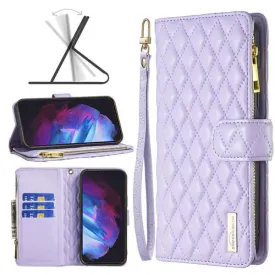 For Samsung Galaxy S23 Diamond Quilted Leather Zipper Wallet Flip Protective Case Cover – Purple