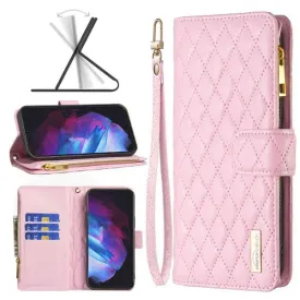 For Samsung Galaxy S23 Diamond Quilted Leather Zipper Wallet Flip Protective Case Cover – Rose Gold