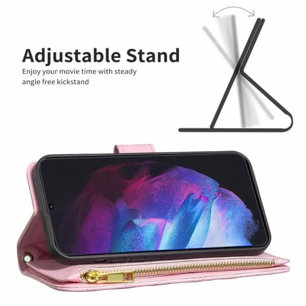 For Samsung Galaxy S23 Diamond Quilted Leather Zipper Wallet Flip Protective Case Cover – Rose Gold