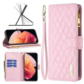 For Samsung Galaxy S23  /S23 Plus Diamond Quilted Leather Zipper Wallet Flip Protective Case Cover – Rose Gold