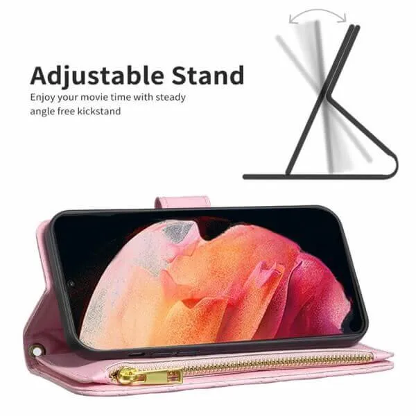 For Samsung Galaxy S23  /S23 Plus Diamond Quilted Leather Zipper Wallet Flip Protective Case Cover – Rose Gold