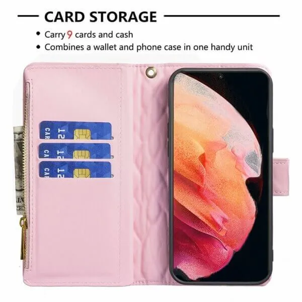 For Samsung Galaxy S23  /S23 Plus Diamond Quilted Leather Zipper Wallet Flip Protective Case Cover – Rose Gold