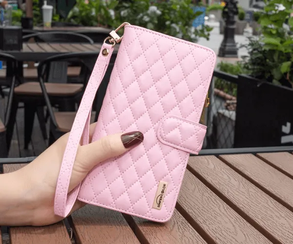 For Samsung Galaxy S23  /S23 Plus Diamond Quilted Leather Zipper Wallet Flip Protective Case Cover – Rose Gold