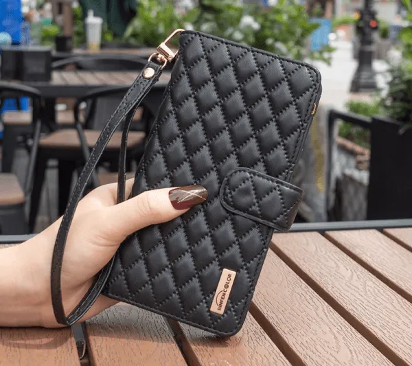 For Samsung Galaxy S23 Ultra Diamond Quilted Leather Zipper Wallet Flip Protective Case Cover – Black