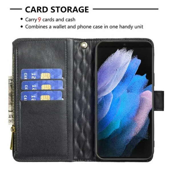 For Samsung Galaxy S23 Ultra Diamond Quilted Leather Zipper Wallet Flip Protective Case Cover – Black