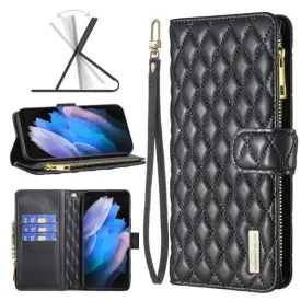 For Samsung Galaxy S23 Ultra Diamond Quilted Leather Zipper Wallet Flip Protective Case Cover – Black