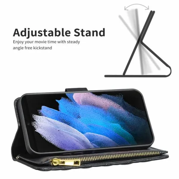For Samsung Galaxy S23 Ultra Diamond Quilted Leather Zipper Wallet Flip Protective Case Cover – Black