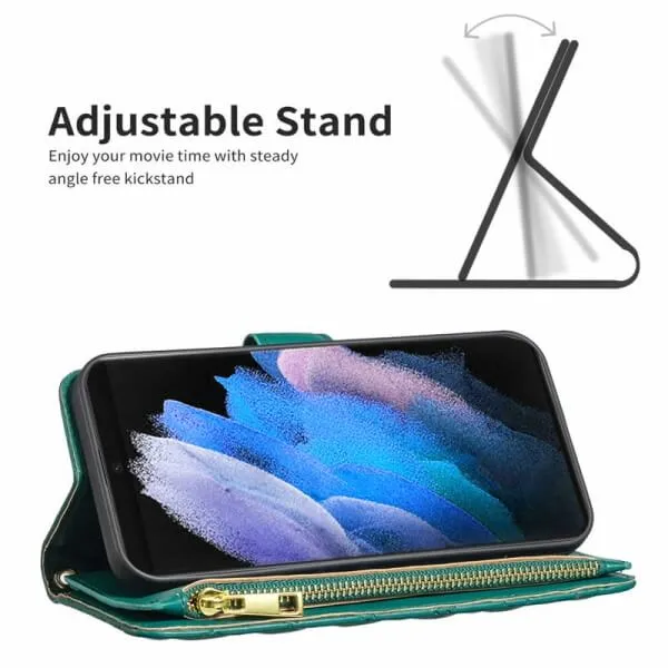 For Samsung Galaxy S23 Ultra Diamond Quilted Leather Zipper Wallet Flip Protective Case Cover – Green