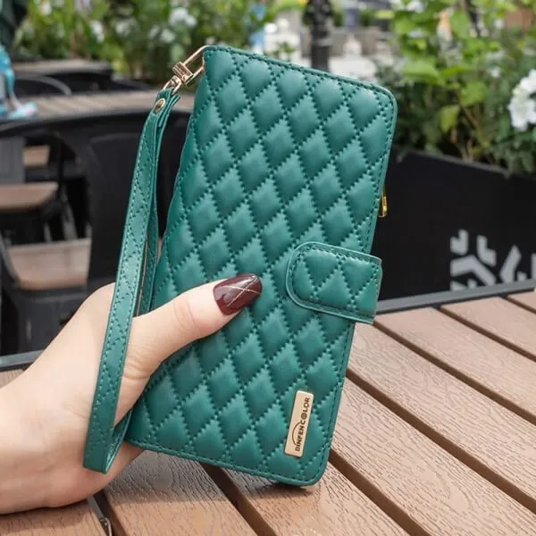For Samsung Galaxy S23 Ultra Diamond Quilted Leather Zipper Wallet Flip Protective Case Cover – Green