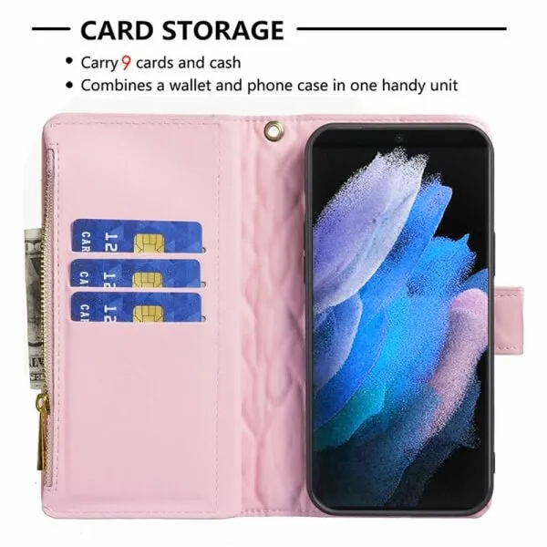 For Samsung Galaxy S23 Ultra Diamond Quilted Leather Zipper Wallet Flip Protective Case Cover – Rose Gold