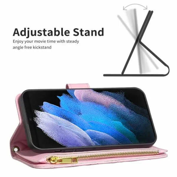 For Samsung Galaxy S23 Ultra Diamond Quilted Leather Zipper Wallet Flip Protective Case Cover – Rose Gold