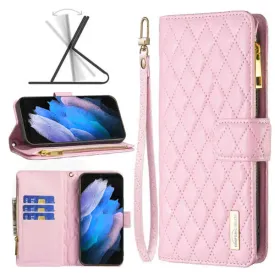 For Samsung Galaxy S23 Ultra Diamond Quilted Leather Zipper Wallet Flip Protective Case Cover – Rose Gold