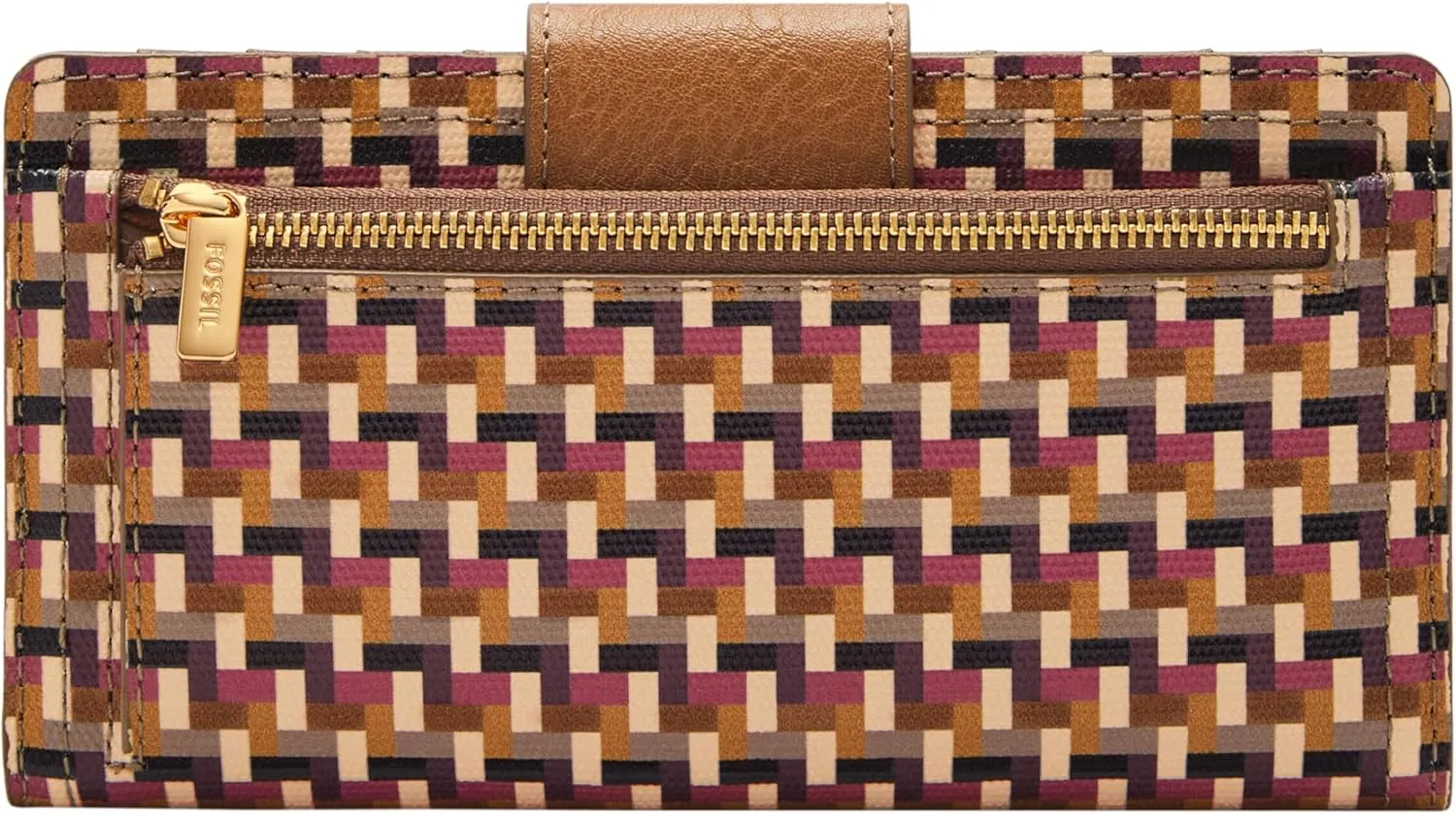 Fossil Women's Logan Faux Leather RFID Blocking Tab Clutch Wallet, Multi Woven Print (Model: SL10057564)