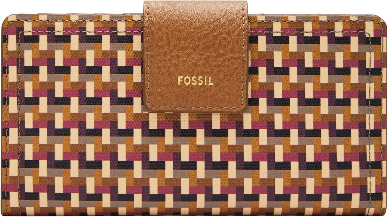Fossil Women's Logan Faux Leather RFID Blocking Tab Clutch Wallet, Multi Woven Print (Model: SL10057564)