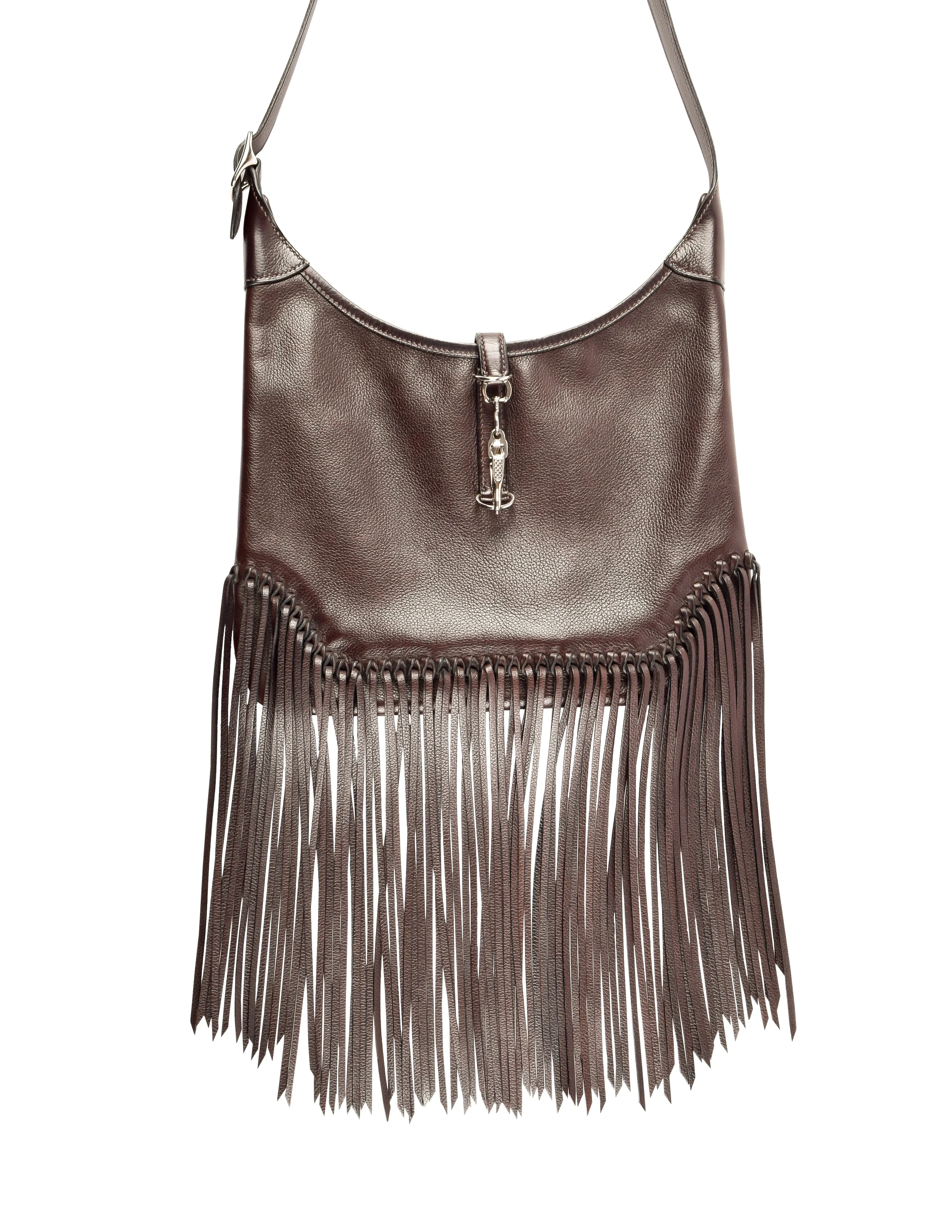 Hermes Vintage 2004 Chocolate Brown Leather Sac Trim Anate Fringe Shoulder Satchel Bag