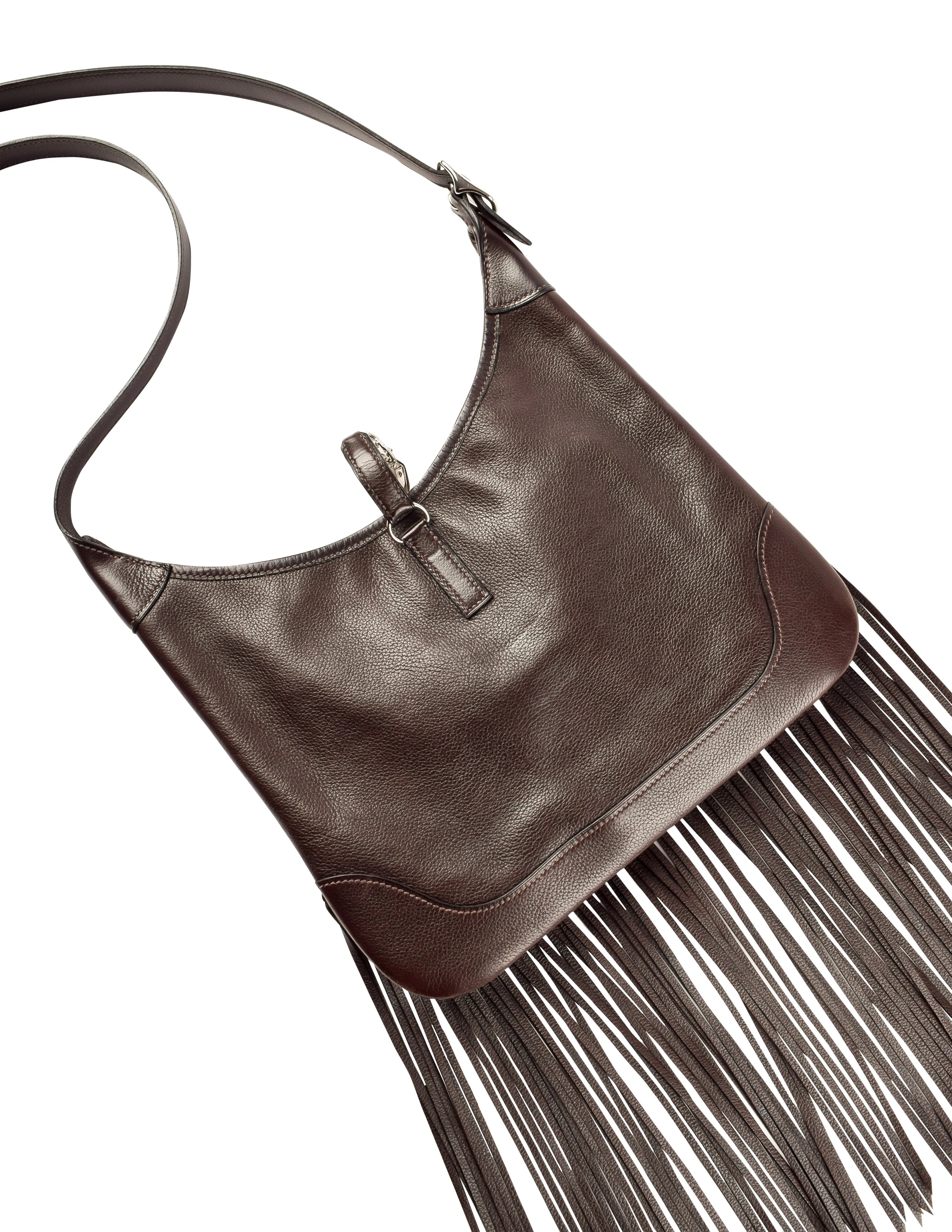 Hermes Vintage 2004 Chocolate Brown Leather Sac Trim Anate Fringe Shoulder Satchel Bag