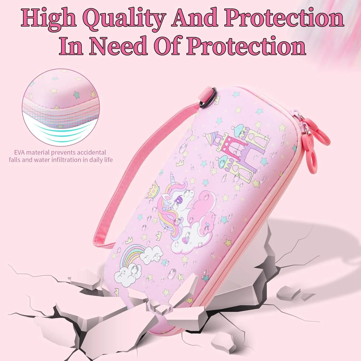 HYPERCASE Pink Switch Lite Carrying Case for Unicorn, Portable Switch Lite Accessories Storage Travel Case Pouch with 8 Game Card Slots, Adjustable Shoulder Strap and 2 Cute Thumb Caps