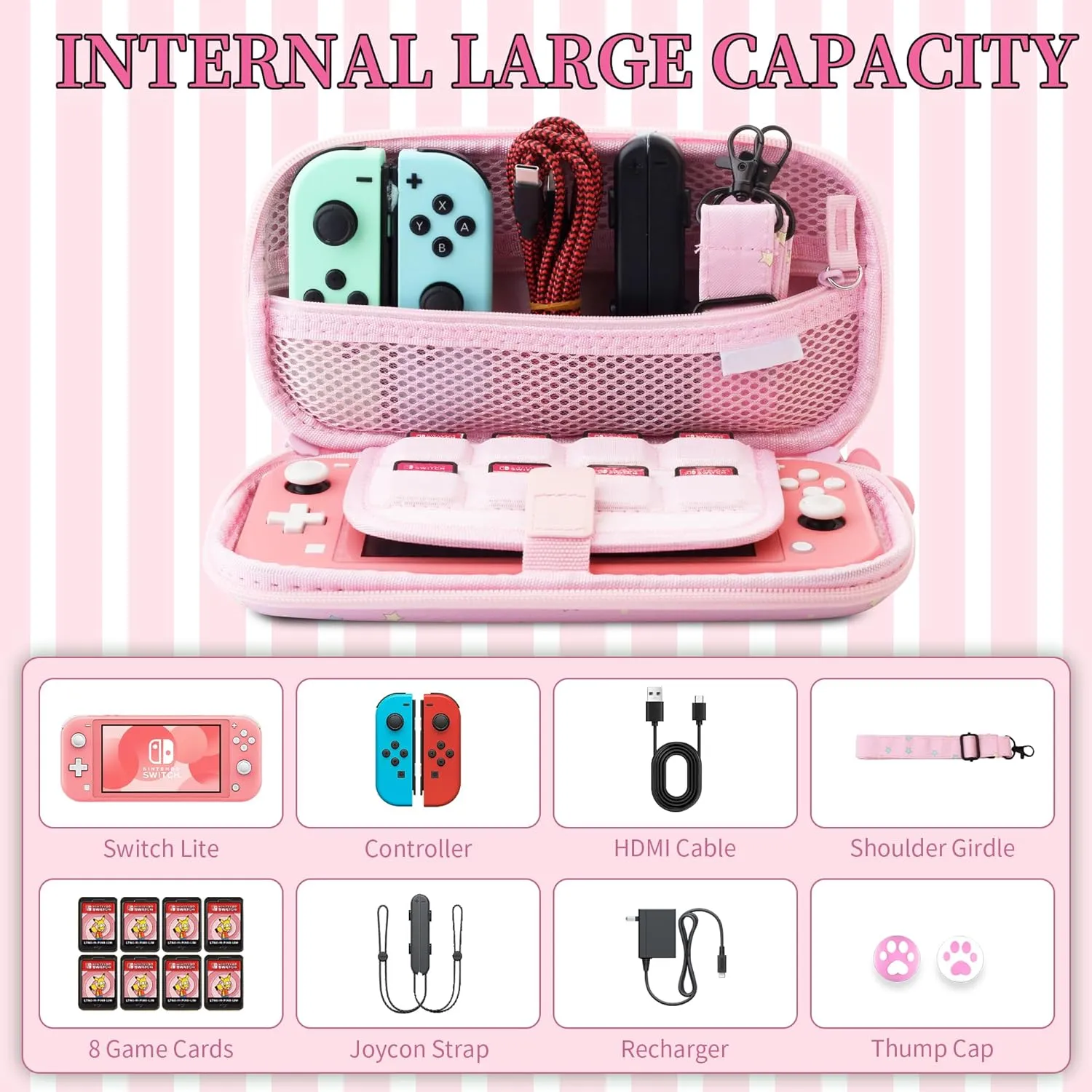 HYPERCASE Pink Switch Lite Carrying Case for Unicorn, Portable Switch Lite Accessories Storage Travel Case Pouch with 8 Game Card Slots, Adjustable Shoulder Strap and 2 Cute Thumb Caps