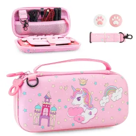 HYPERCASE Pink Switch Lite Carrying Case for Unicorn, Portable Switch Lite Accessories Storage Travel Case Pouch with 8 Game Card Slots, Adjustable Shoulder Strap and 2 Cute Thumb Caps