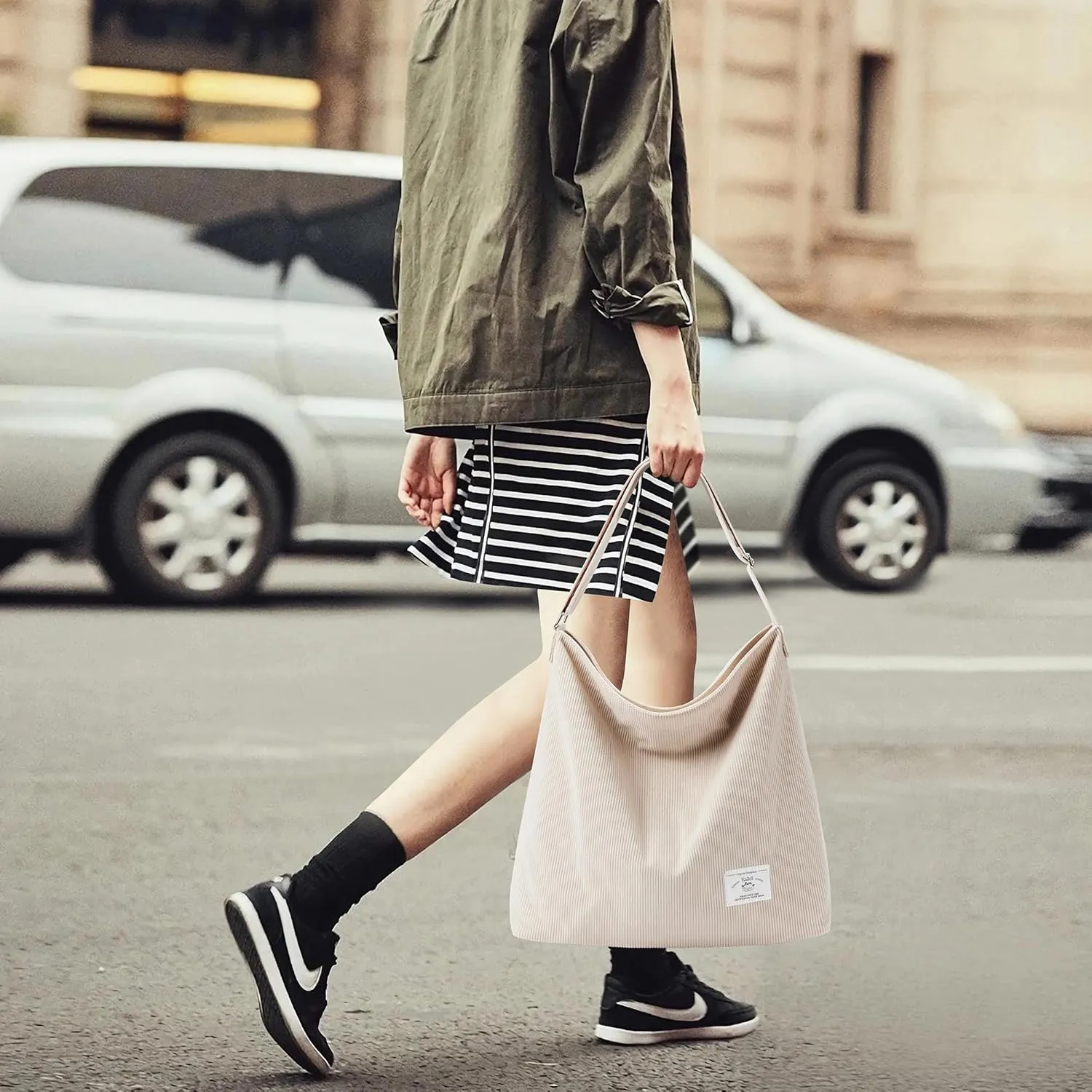 KALIDI Corduroy Tote Bag for Women Casual Zipper Tote Handbag Large Crossbody Hobo Shoulder Bag Work Fashion Women Purse