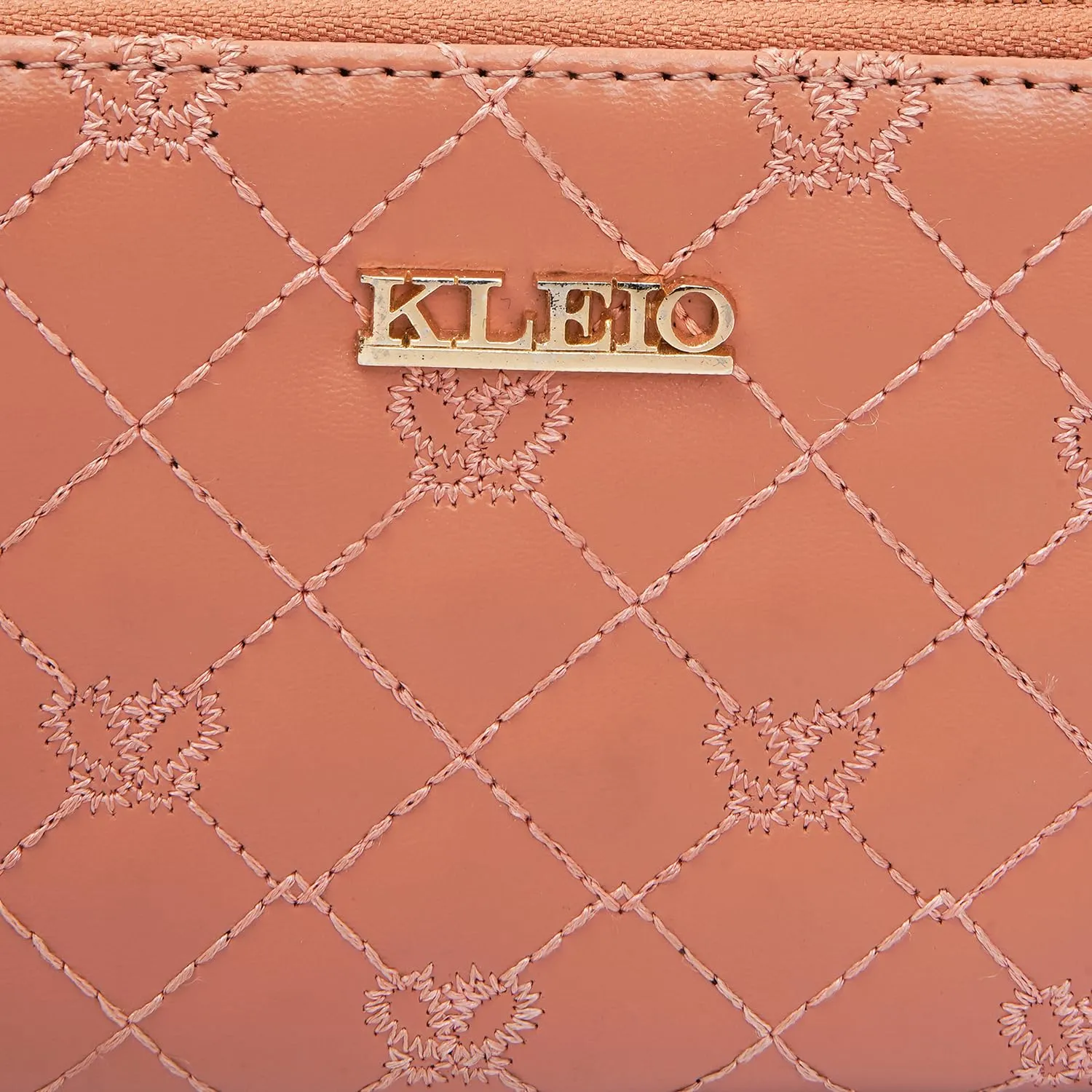 KLEIO Quilted PU Leather Bi Fold Zip Closure Multi Pockets and Slots Clutch Wallet for Women Ladies(HO5016KL-BE)(PEACH)