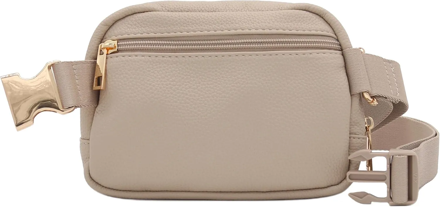 Lightweight Soft PU Pebbled Leather Fanny Pack Belt Bag with Gold Metal Buckle (Travertine)