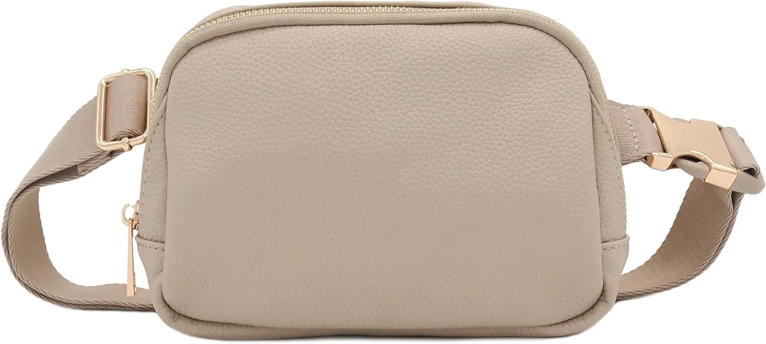 Lightweight Soft PU Pebbled Leather Fanny Pack Belt Bag with Gold Metal Buckle (Travertine)