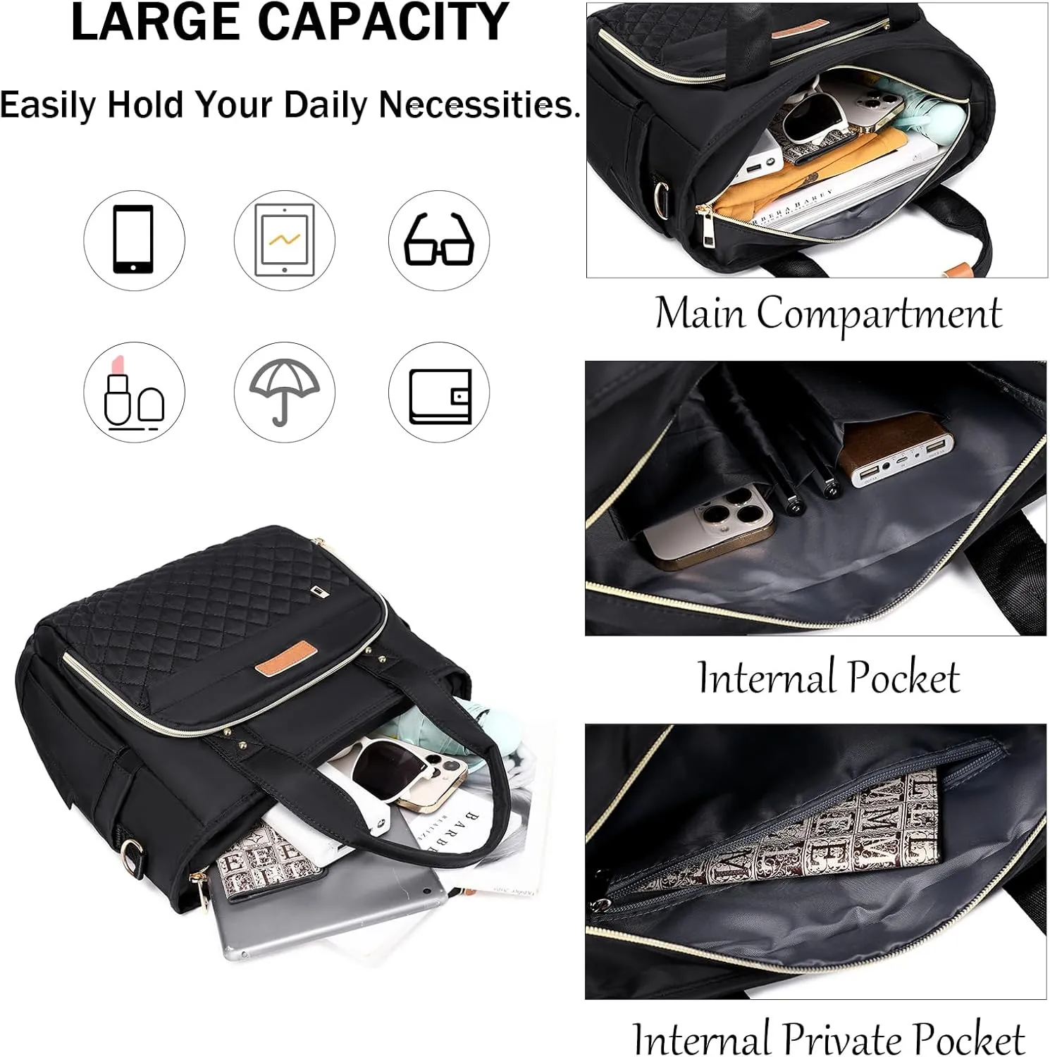 Medium Tote Bag with Multi Pockets for Women, Quilted Top Handle Purse Crossbody Shoulder Bag Handbag