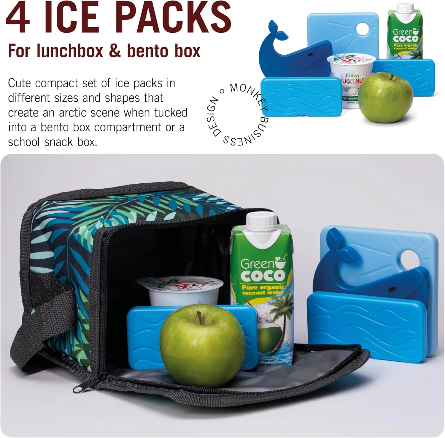 Monkey Business Back To Cool Ice Pack Set, 4 Reusable Ice Packs for Lunch Boxes and Cooler Bags, Colorful Camping Refillable Ice Pack for Food (Whale Set)