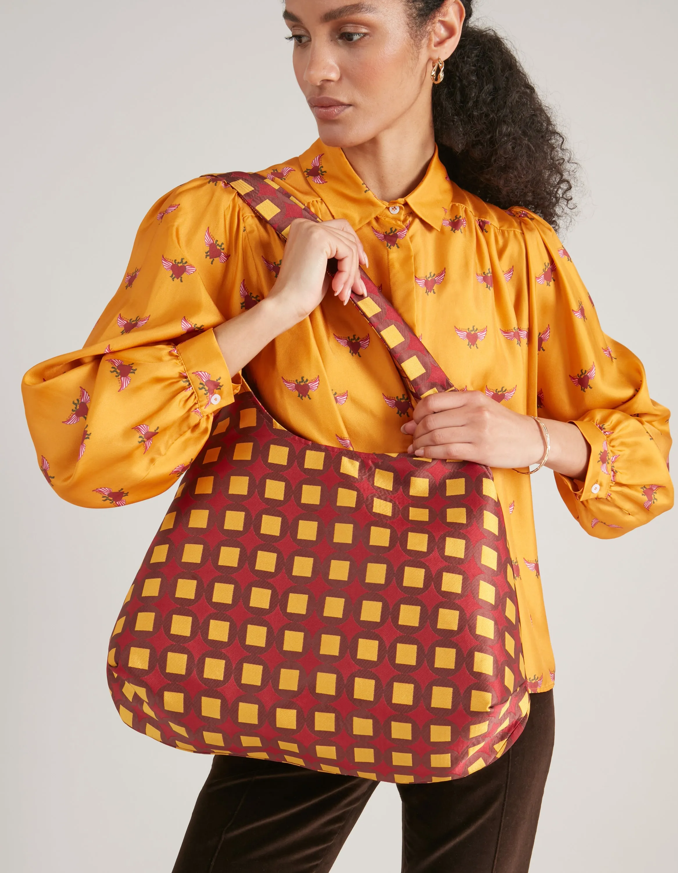 Orange And Brown Print Jacquard Reversible Slouchy Tote Bag