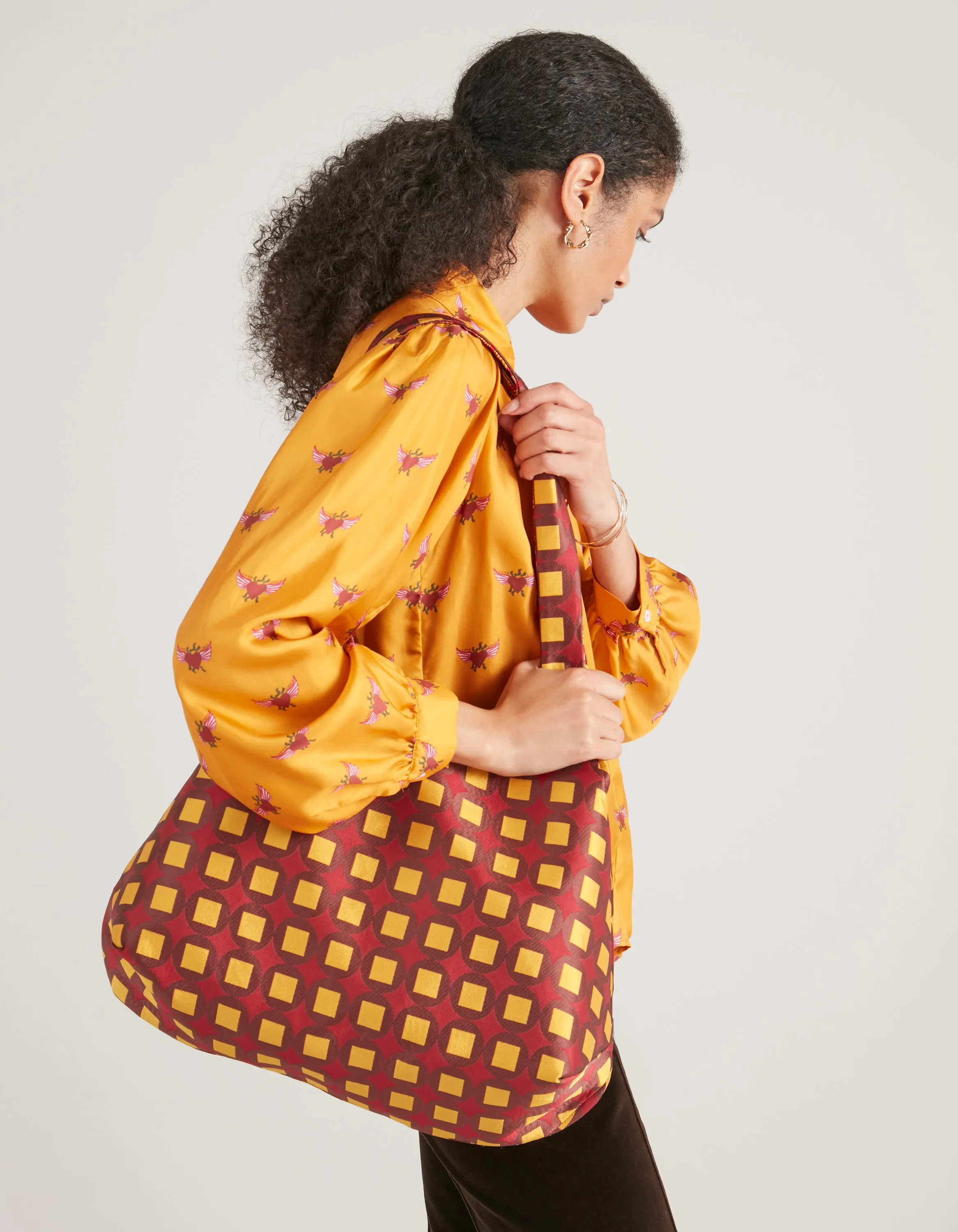 Orange And Brown Print Jacquard Reversible Slouchy Tote Bag