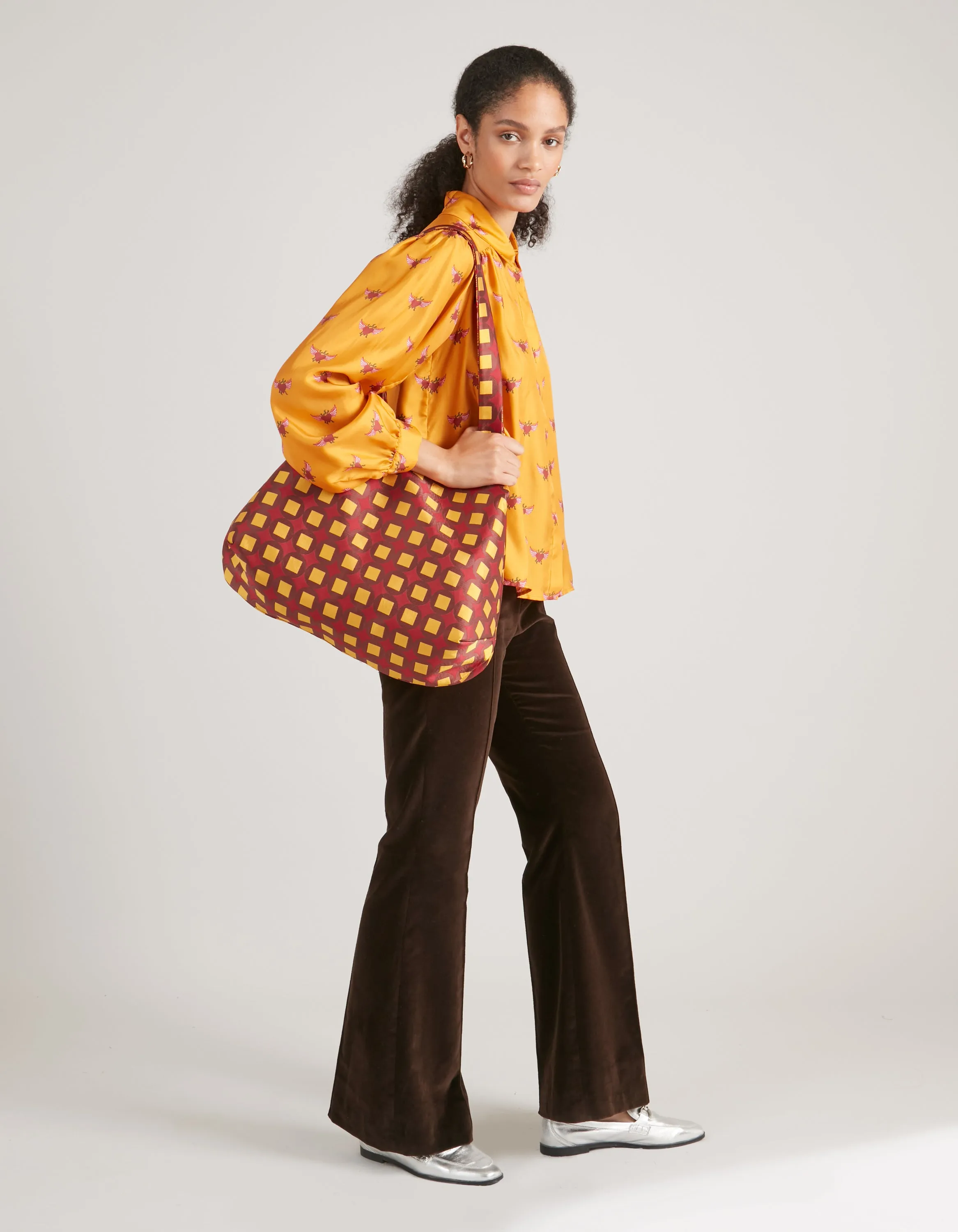 Orange And Brown Print Jacquard Reversible Slouchy Tote Bag
