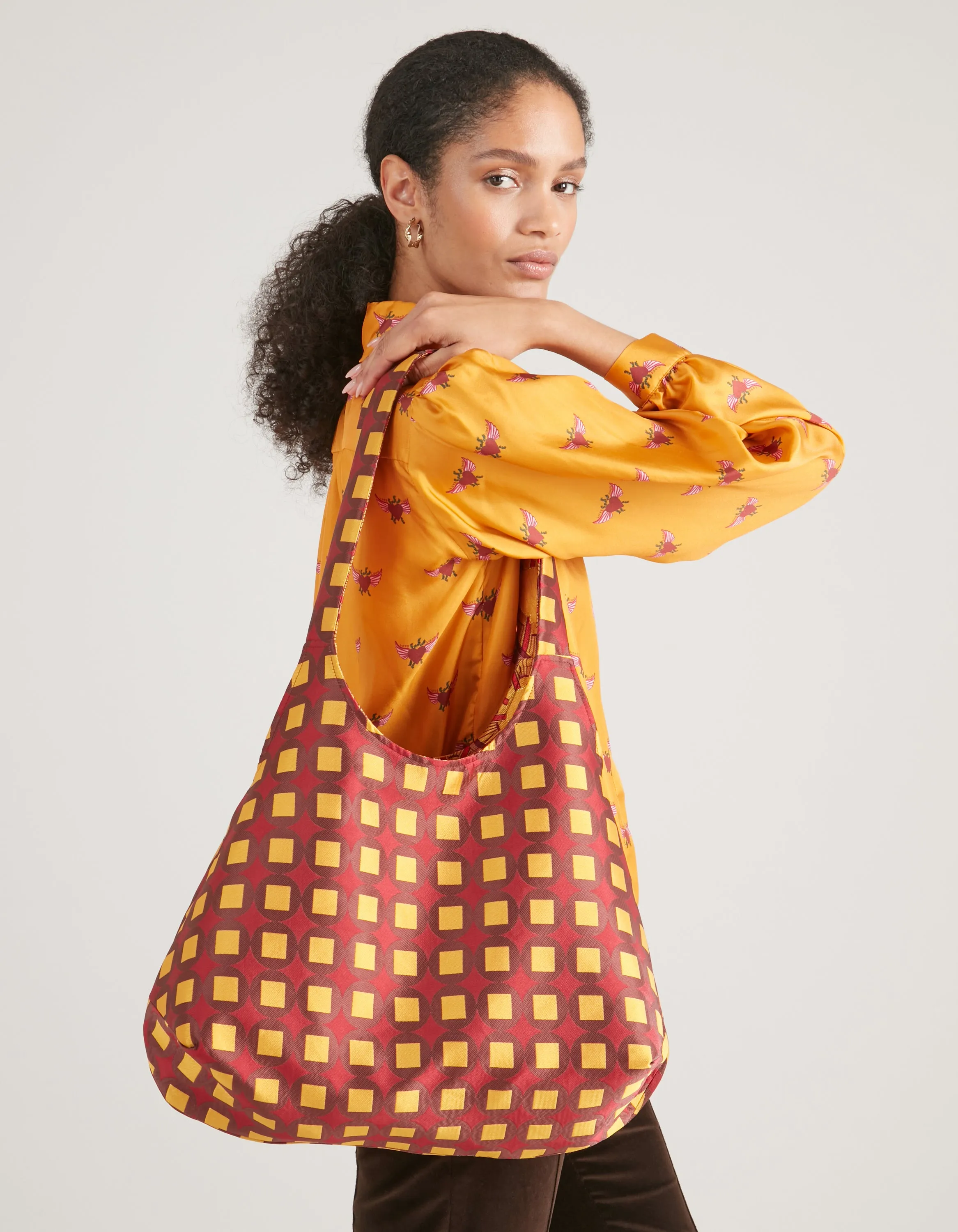 Orange And Brown Print Jacquard Reversible Slouchy Tote Bag