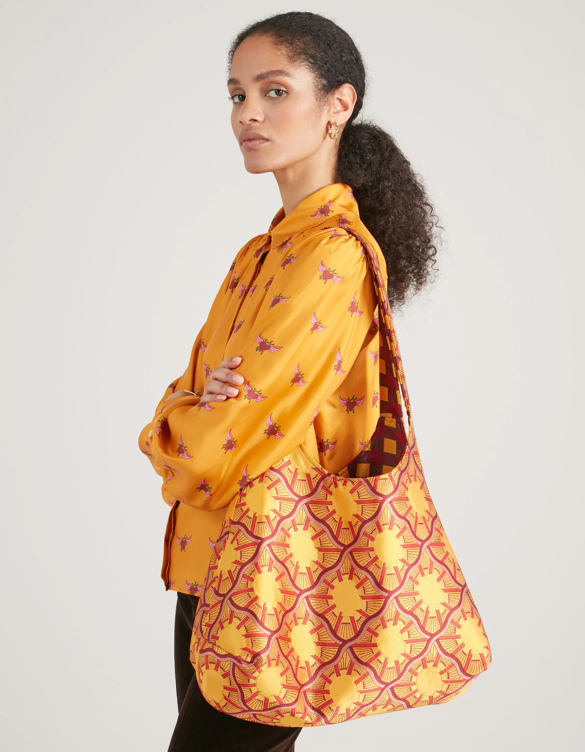 Orange And Brown Print Jacquard Reversible Slouchy Tote Bag