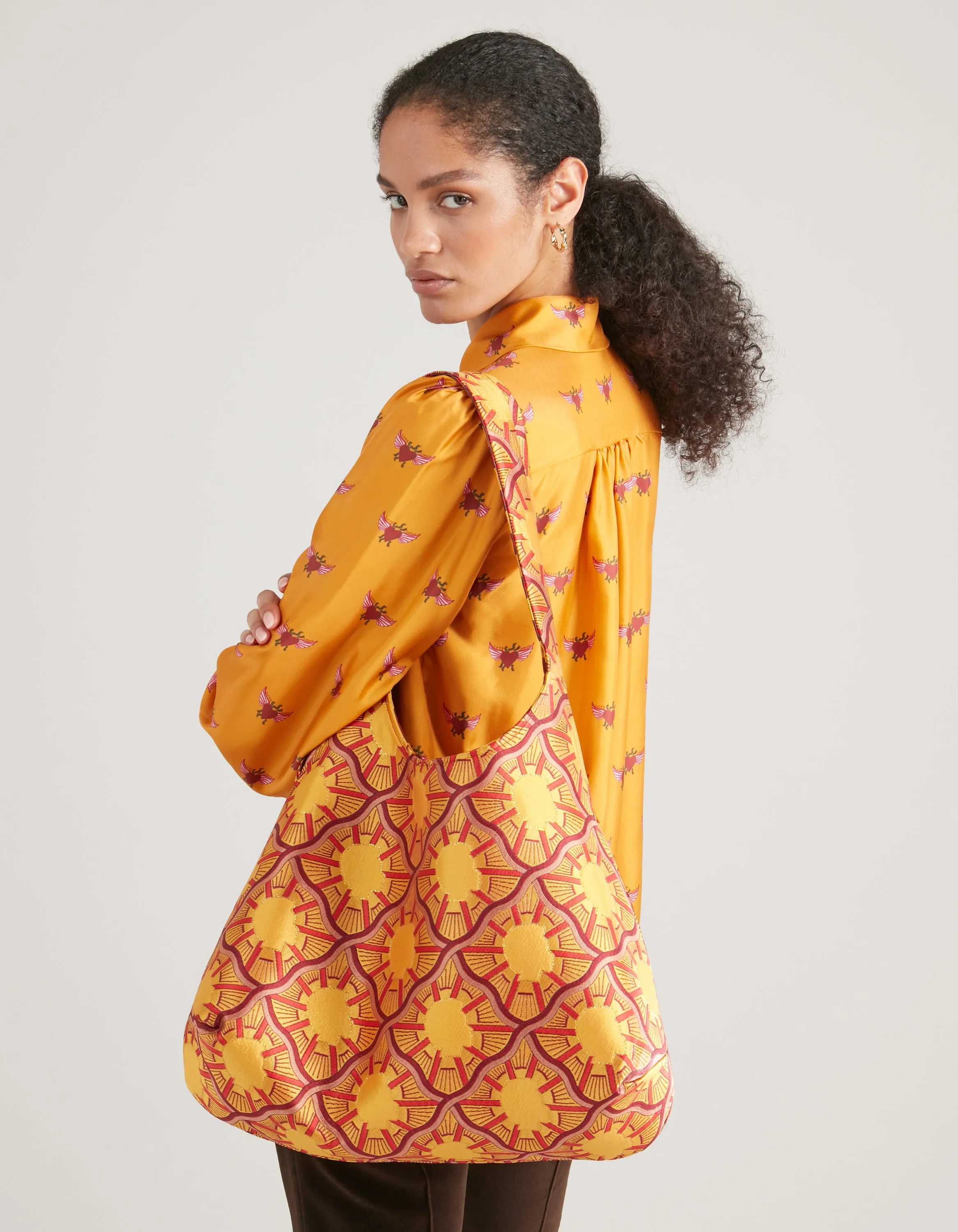 Orange And Brown Print Jacquard Reversible Slouchy Tote Bag
