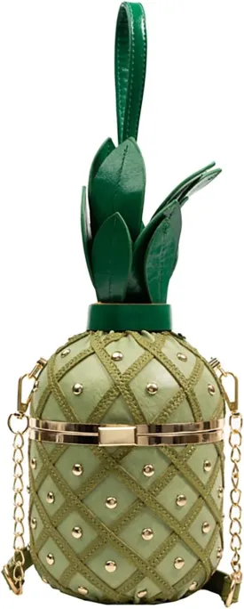 Pineapple Bucket Purse for Women,Trendy Chain Messenger Crossbody Bag with Rivet Tropical Hawaiian Shoulder Handbag
