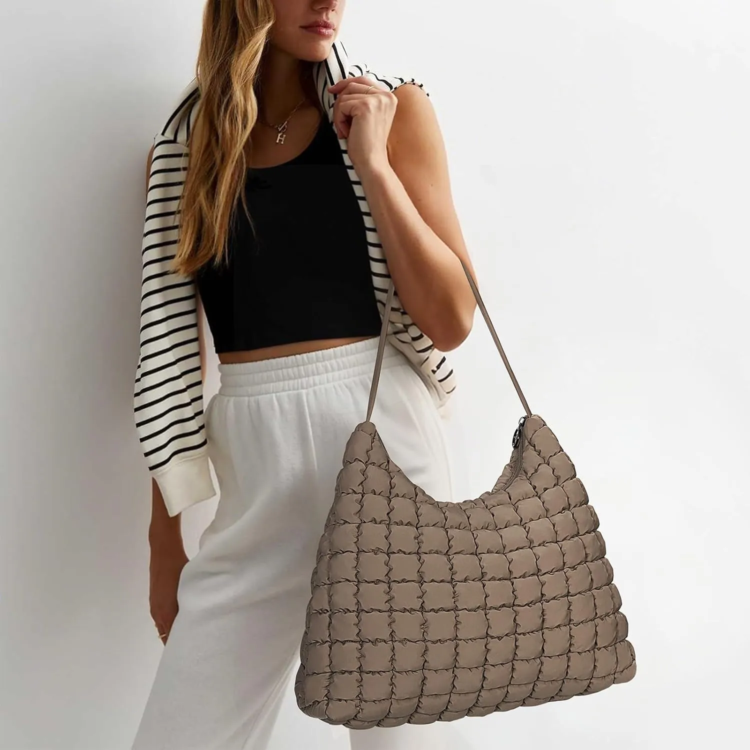 Quilted Tote Bag Puffer Hobo Bag for Women Lightweight Puffy Handbag Everyday Carryall Tote for Work Gym College