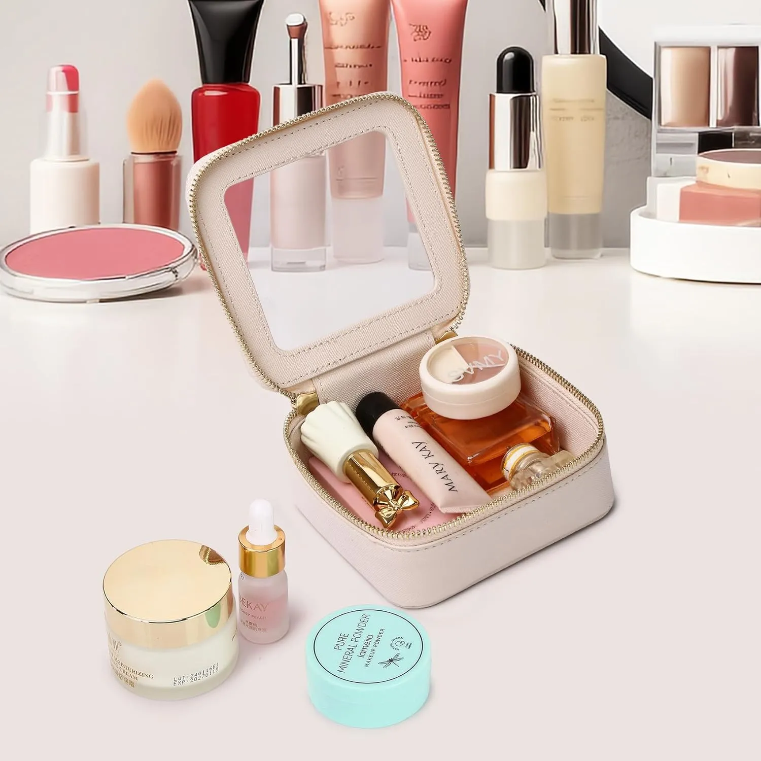 Small Clear Makeup Bag for Women Mini Cosmetic Bag Travel Toiletry Bag Purse Organizer with Zipper Car Essentials (Beige, Mini)