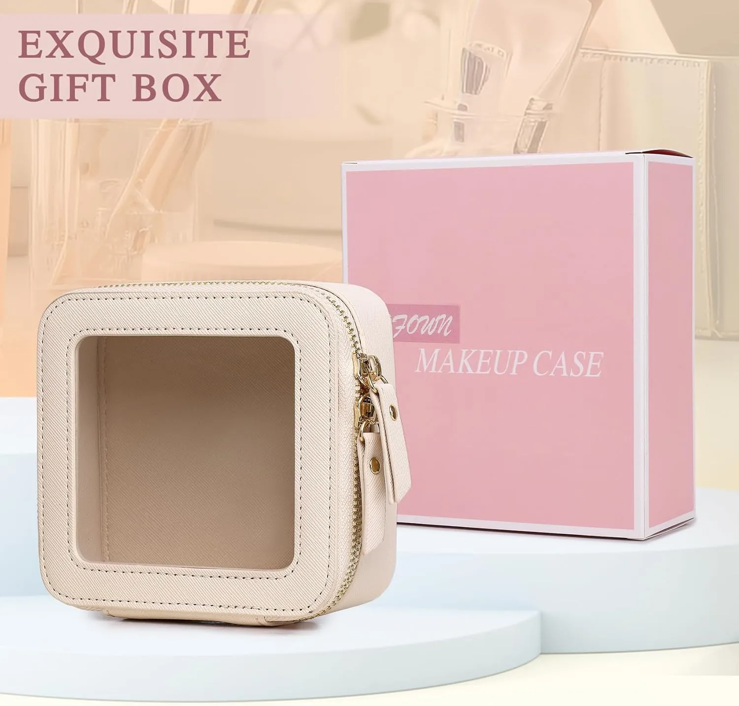 Small Clear Makeup Bag for Women Mini Cosmetic Bag Travel Toiletry Bag Purse Organizer with Zipper Car Essentials (Beige, Mini)